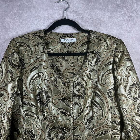 Kay Unger Blazer Jacket 4 Green Metallic Paisley Wool Blend Crop Art Old Money - Picture 2 of 10